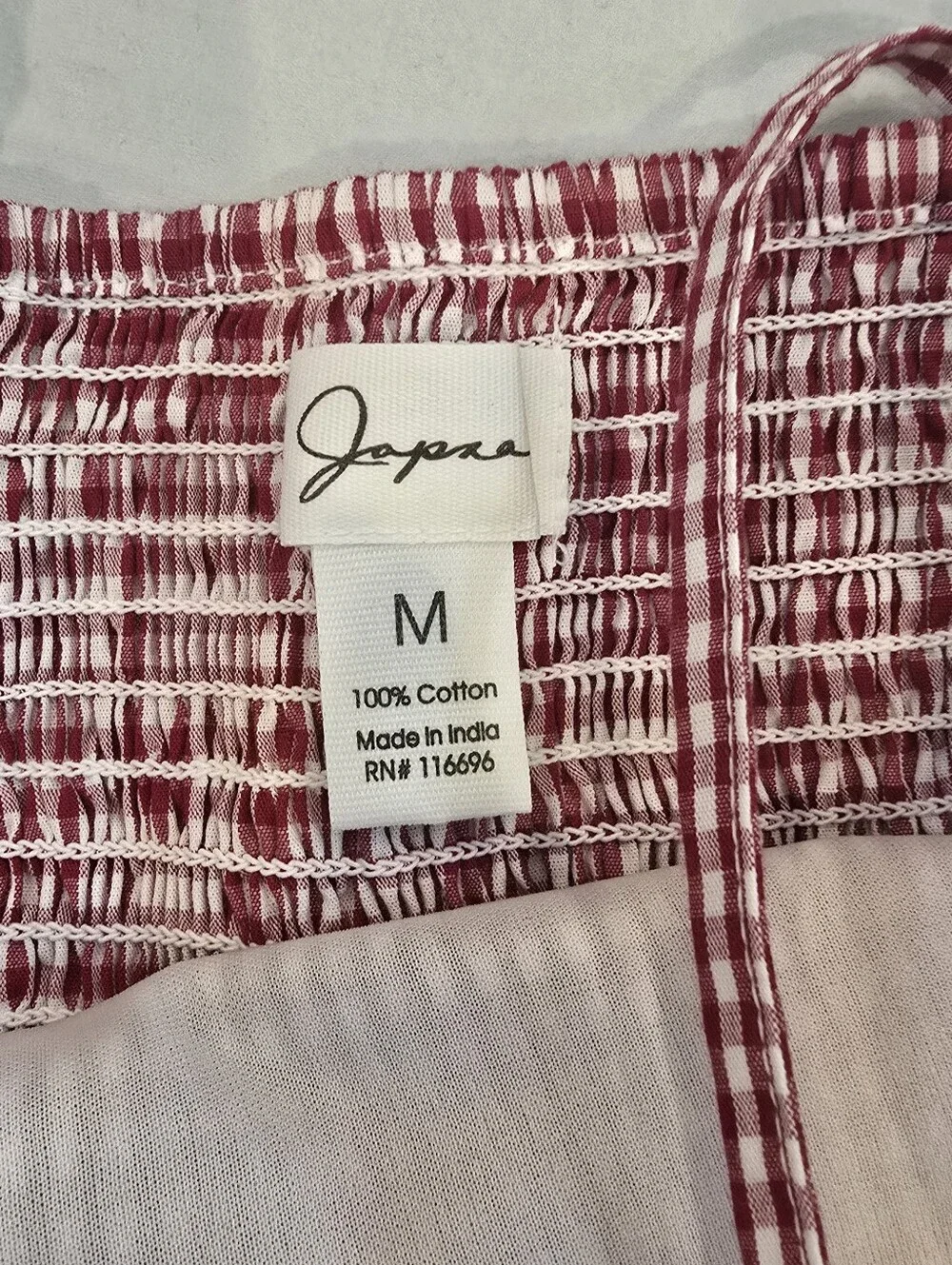 Japna Women’s Medium Red Gingham SunDress Smocked Bodice Long Skirt Pockets - Picture 12 of 13